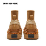 Almond Tan Pull-On Stretch Shaft Chunky Platform Ankle Boots with Pom-Pom Trim