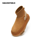 Almond Tan Pull-On Stretch Shaft Chunky Platform Ankle Boots with Pom-Pom Trim