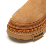 Almond Tan Pull-On Stretch Shaft Chunky Platform Ankle Boots with Pom-Pom Trim