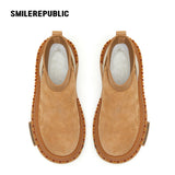 Almond Tan Pull-On Stretch Shaft Chunky Platform Ankle Boots with Pom-Pom Trim