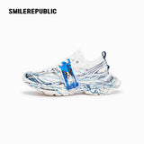 White and Silver Mesh Paint Splatter Chunky Sneakers, Unisex Low Top Lace Up Shoes