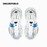 White and Silver Mesh Paint Splatter Chunky Sneakers, Unisex Low Top Lace Up Shoes