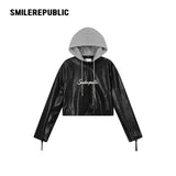 Unisex PU-Coated Faux Leather Cropped Hooded Zip Jacket