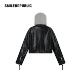Unisex PU-Coated Faux Leather Cropped Hooded Zip Jacket