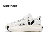 White Black Dalmatian Print Frayed Low Top Platform Sneakers, Unisex Shoes