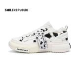 White Black Dalmatian Print Frayed Low Top Platform Sneakers, Unisex Shoes