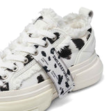 White Black Dalmatian Print Frayed Low Top Platform Sneakers, Unisex Shoes