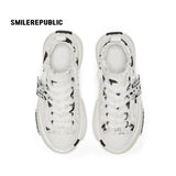 White Black Dalmatian Print Frayed Low Top Platform Sneakers, Unisex Shoes
