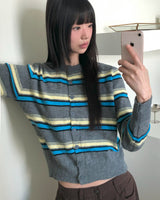 Runli Stripe Ribbed Round Neck Long Sleeve Cardigan