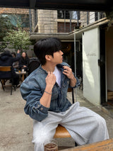 With denim biker jacket