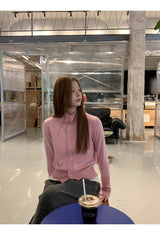 Pink button high-neck knit long-sleeved cardigan