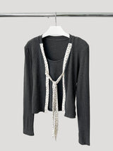 Fake two-piece dot lace-up long-sleeved shirt