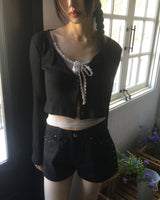 Ponen Cotton Ribbed Cropped U-neck Cardigan