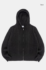 Cable twisted knit hood zip-up