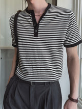 Yushi ストライプヘンリーネック半袖Tシャツ