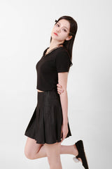 Lace V-neck Crop T-shirt Black