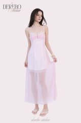 ピンク シフォン シースルー ロングドレス