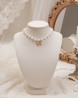 Adorable Ribbon Pearl Choker Necklace - Gold
