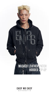 Washed Leather Patch Hooded Zip-Up - Black