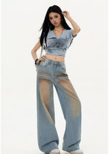 Light blue gradient blush washed straight leg floor-length jeans