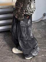 shot crack denim cargo balloon pants