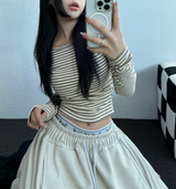 FLEECE❤SIDE SHIRRING STRIPE CROPPED LONG SLEEVE T SHIRT 🧸🤎🩶🩵3COLOR