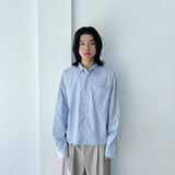 Striped Refreshing Textured Single Pocket Boxy Long Sleeve Shirt