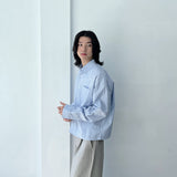 Striped Refreshing Textured Single Pocket Boxy Long Sleeve Shirt