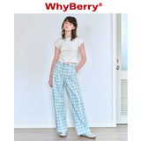 Why Berry 24SS "Refreshing and Easy to Wear" ブルーアンドホワイトチェッカーパンツサマーパンツルーズカジュアルワイドレッグスパンツ