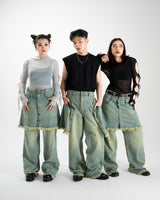 Line Up Layered Wash Denim Skirt Pants