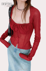 red square chiffon long-sleeve blouse