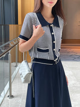 Carson Collar Color Matching Check Knit Cardigan