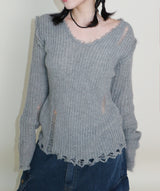 ラバーVネックダメージカットポイント長袖ニット (wool material)