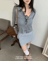 Light Hour Striped Sleeveless Dress & Silver Button Cardigan 2-piece Set (Gray)