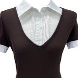 Cafe Layered Pintuck Shirt Brown Short Sleeve Tee (Brown)
