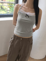 Leve Vintage Lace Ribbon Point Halter Strap Tank Top
