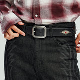 crystal stud & wax thread leather belt black