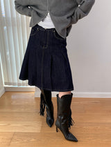 Dark blue raw cotton flared pleats midi skirt