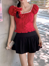 #RS Dot Puff Frill Short Sleeve Blouse + Scrunchie Set