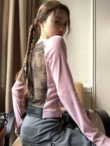 Back see-through lace long-sleeved T-shirt