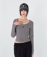 STRIPE U NECK LONG SLEEVE T-SHIRT [3color]