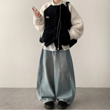 ロミン サイドピンタック ブラッシュドデニム ワイドパンツ