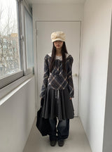 シッソンチェックスカーフオフショルダーロングスリーブTシャツ