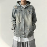 Spot Vintage Damage Crack Denim Hooded Zip-Up Jacket