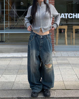 (Unisex) ボタンダメージデニムパンツ