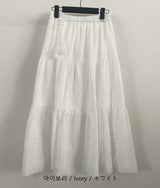 Owell Shirring Punching Lace Tiered Summer Long Skirt (4 Colors)