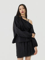 One-shoulder Blanc Ribbon Shirring Detail Top, Black