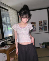 (2color) Flower Lace Crop Short Sleeve Tee
