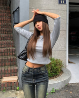 [U-BASIC] Nut Boat Neck Slim Crop Three Quarter Tee