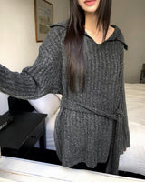Riha Open-Collar Waist-Tie Two-Way V-Neck Knit